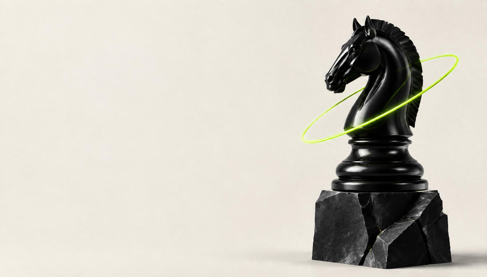 Black chess knight surrounded by a luminous green orbit