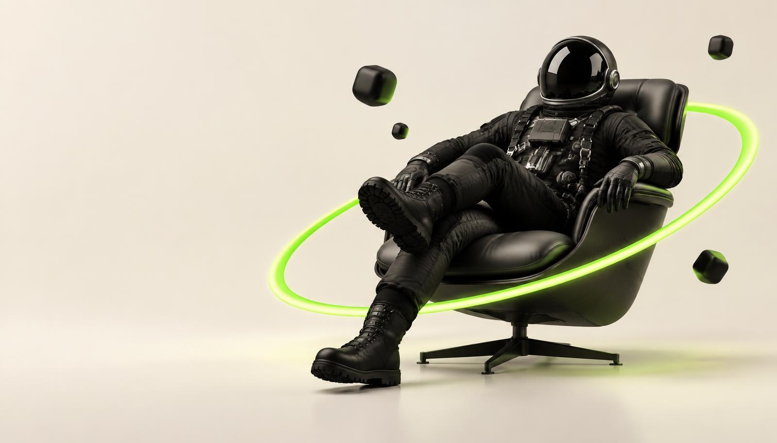 Astronaut relaxing in a chair inside a lime orbit